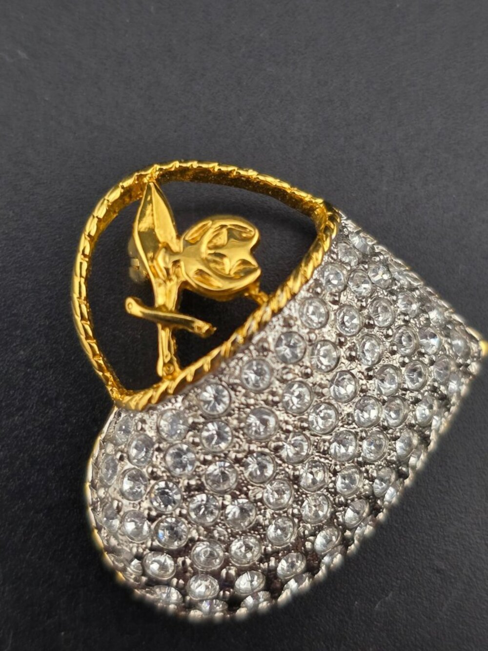 Vintage Butler Pave Heart Brooch With Gold-Tone Rose Detail And Rhinestones - Picture 4 of 8